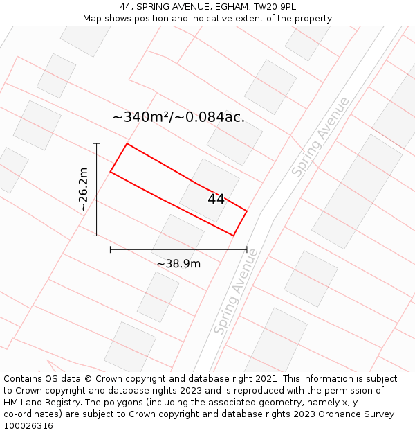 44, SPRING AVENUE, EGHAM, TW20 9PL: Plot and title map