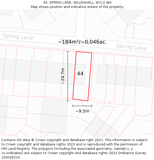44, SPRING LANE, WILLENHALL, WV12 4JH: Plot and title map