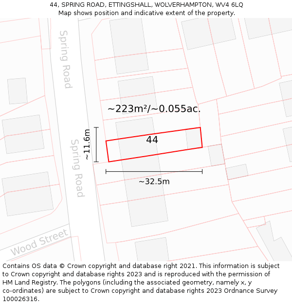 44, SPRING ROAD, ETTINGSHALL, WOLVERHAMPTON, WV4 6LQ: Plot and title map