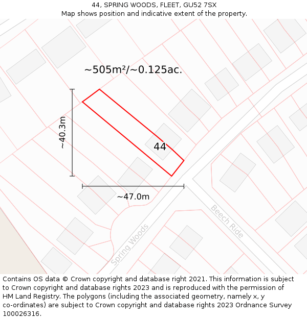 44, SPRING WOODS, FLEET, GU52 7SX: Plot and title map