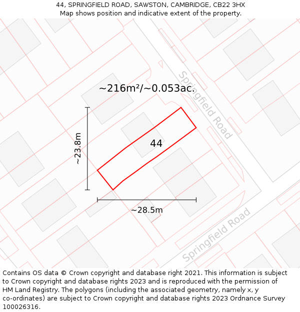 44, SPRINGFIELD ROAD, SAWSTON, CAMBRIDGE, CB22 3HX: Plot and title map