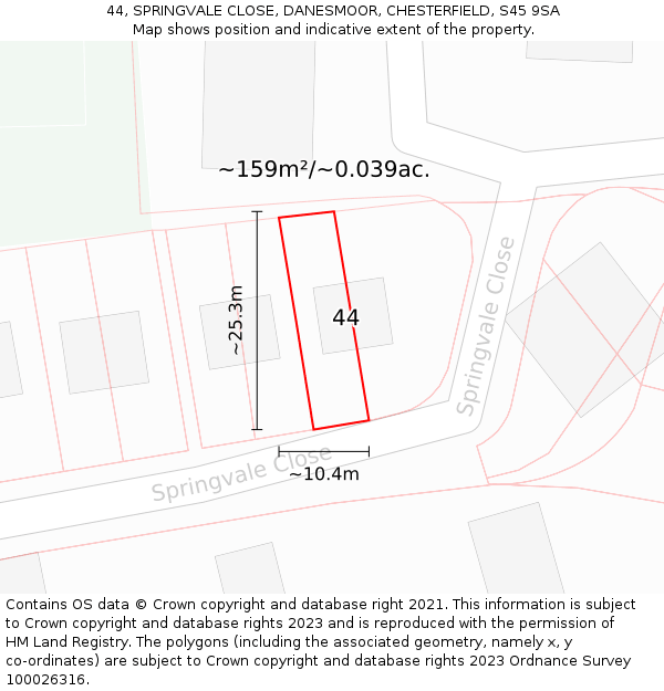 44, SPRINGVALE CLOSE, DANESMOOR, CHESTERFIELD, S45 9SA: Plot and title map