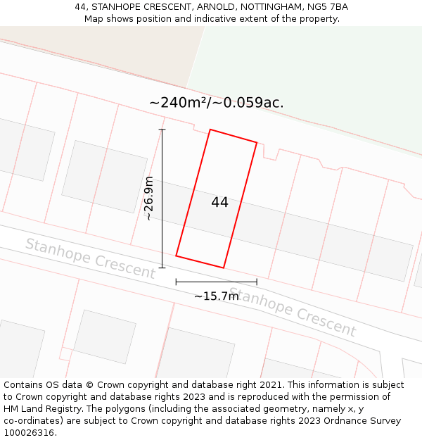 44, STANHOPE CRESCENT, ARNOLD, NOTTINGHAM, NG5 7BA: Plot and title map