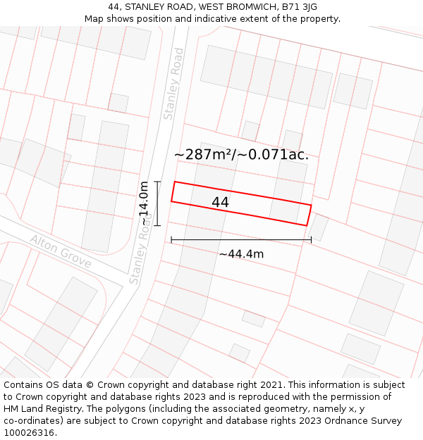 44, STANLEY ROAD, WEST BROMWICH, B71 3JG: Plot and title map