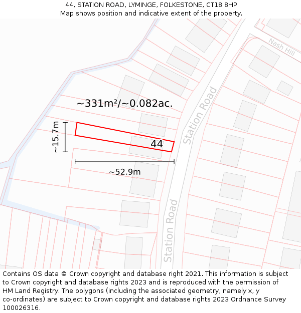 44, STATION ROAD, LYMINGE, FOLKESTONE, CT18 8HP: Plot and title map