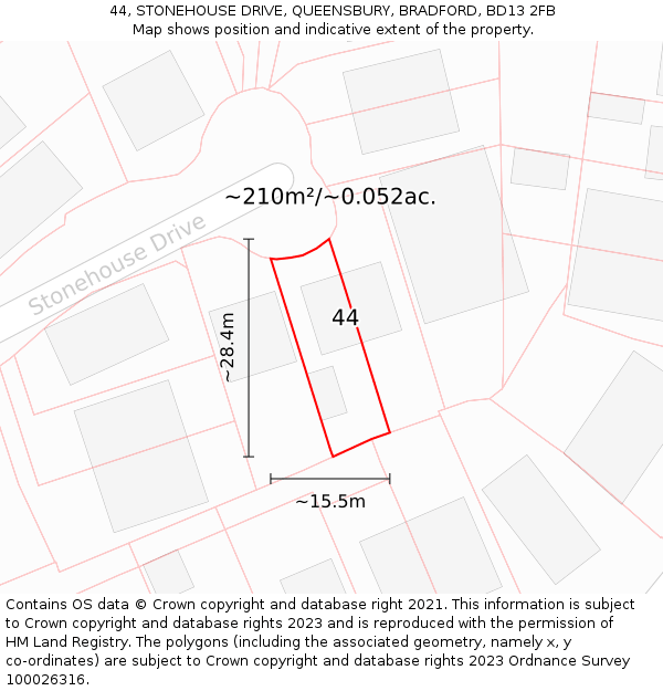 44, STONEHOUSE DRIVE, QUEENSBURY, BRADFORD, BD13 2FB: Plot and title map