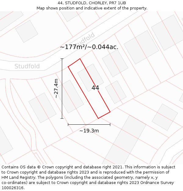 44, STUDFOLD, CHORLEY, PR7 1UB: Plot and title map