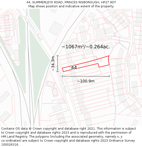 44, SUMMERLEYS ROAD, PRINCES RISBOROUGH, HP27 9DT: Plot and title map