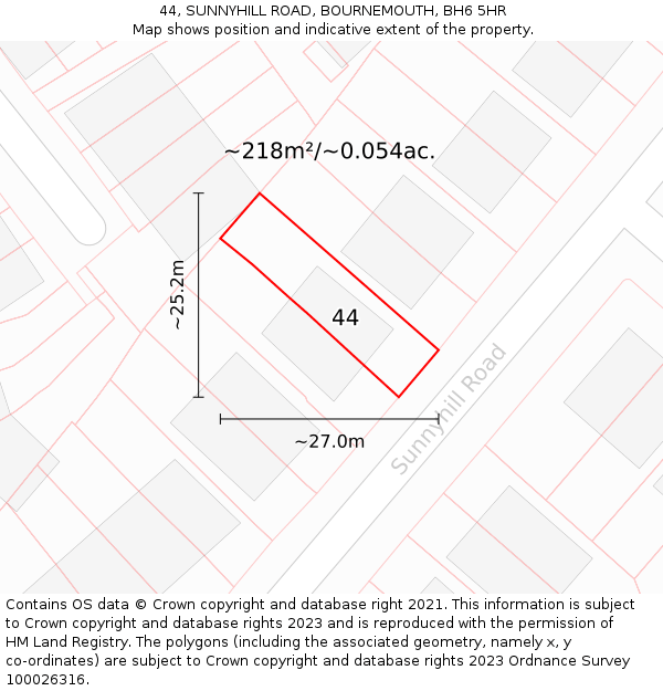 44, SUNNYHILL ROAD, BOURNEMOUTH, BH6 5HR: Plot and title map