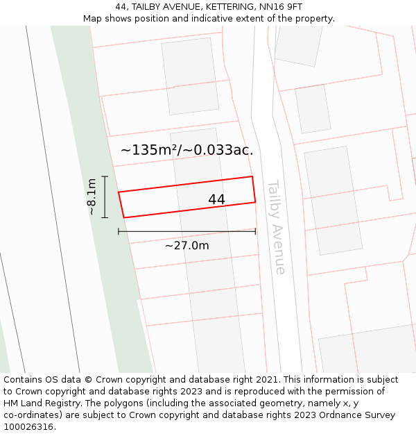 44, TAILBY AVENUE, KETTERING, NN16 9FT: Plot and title map