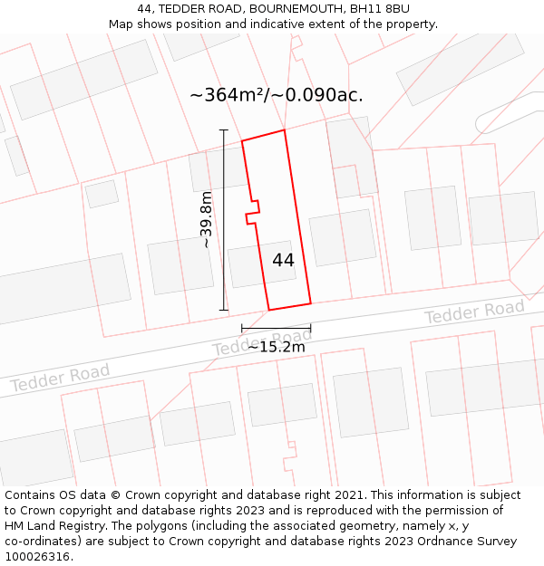 44, TEDDER ROAD, BOURNEMOUTH, BH11 8BU: Plot and title map