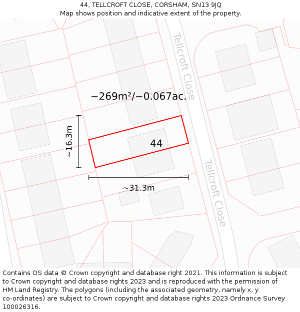 44, TELLCROFT CLOSE, CORSHAM, SN13 9JQ: Plot and title map