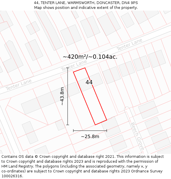 44, TENTER LANE, WARMSWORTH, DONCASTER, DN4 9PS: Plot and title map