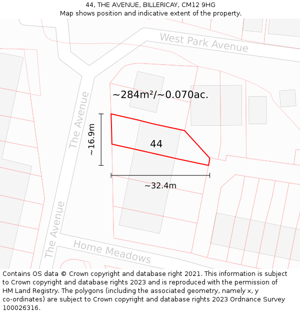 44, THE AVENUE, BILLERICAY, CM12 9HG: Plot and title map