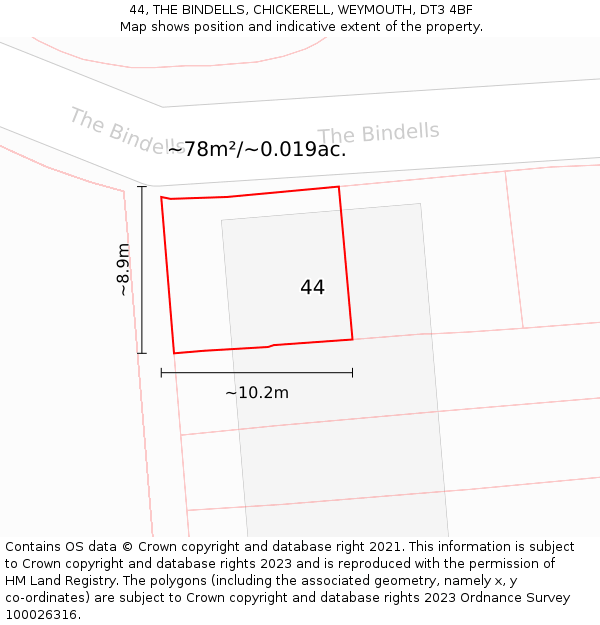 44, THE BINDELLS, CHICKERELL, WEYMOUTH, DT3 4BF: Plot and title map