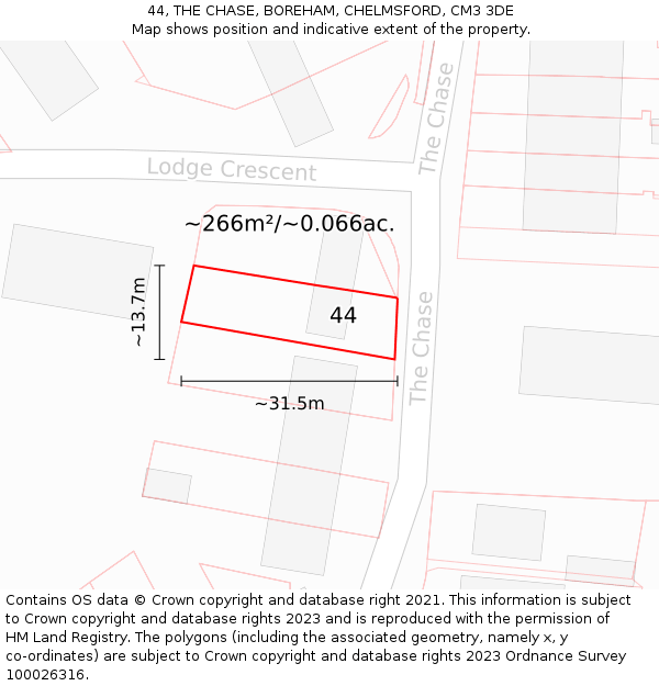 44, THE CHASE, BOREHAM, CHELMSFORD, CM3 3DE: Plot and title map