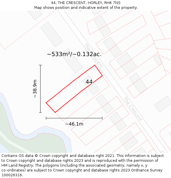 44, THE CRESCENT, HORLEY, RH6 7NS: Plot and title map
