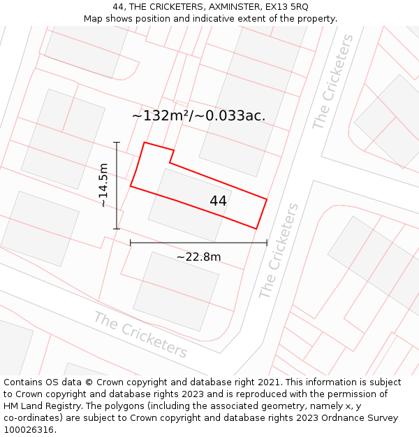 44, THE CRICKETERS, AXMINSTER, EX13 5RQ: Plot and title map