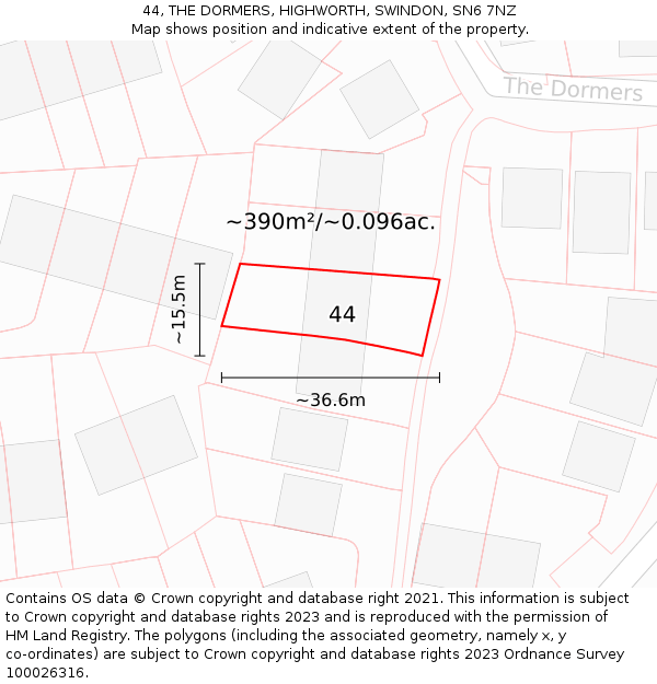 44, THE DORMERS, HIGHWORTH, SWINDON, SN6 7NZ: Plot and title map