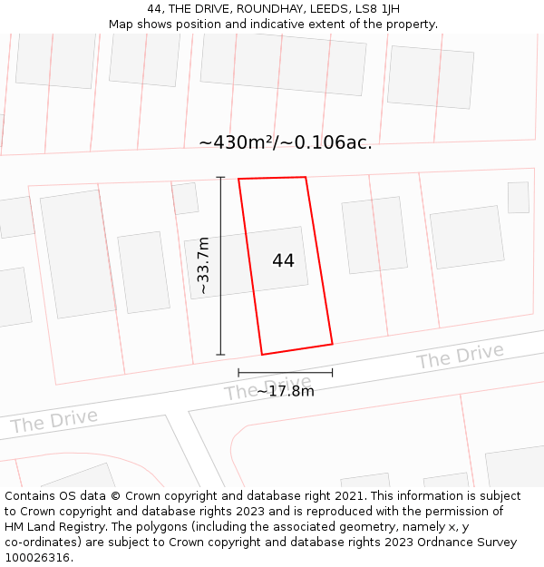 44, THE DRIVE, ROUNDHAY, LEEDS, LS8 1JH: Plot and title map