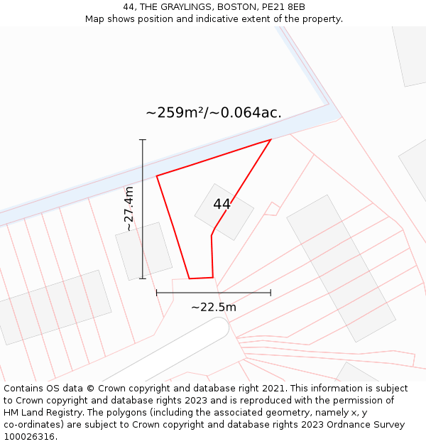 44, THE GRAYLINGS, BOSTON, PE21 8EB: Plot and title map