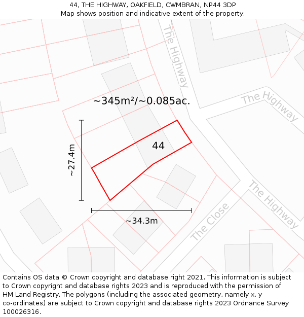 44, THE HIGHWAY, OAKFIELD, CWMBRAN, NP44 3DP: Plot and title map