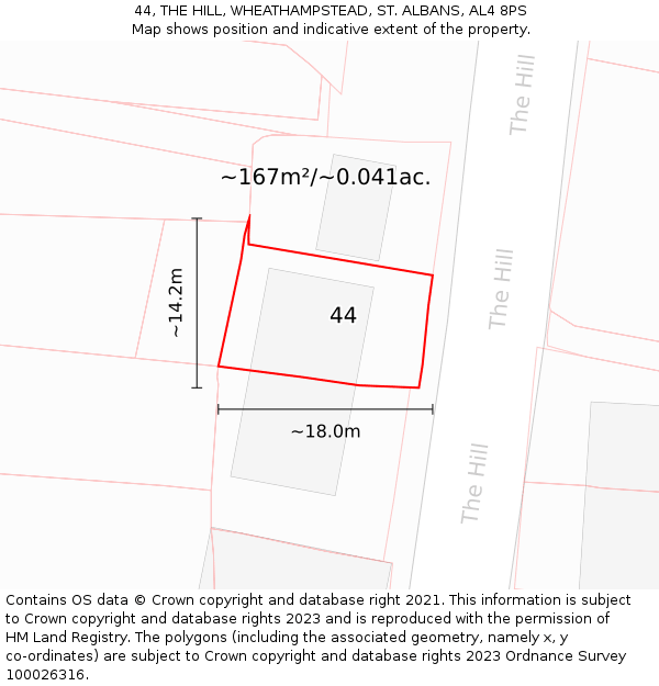 44, THE HILL, WHEATHAMPSTEAD, ST. ALBANS, AL4 8PS: Plot and title map