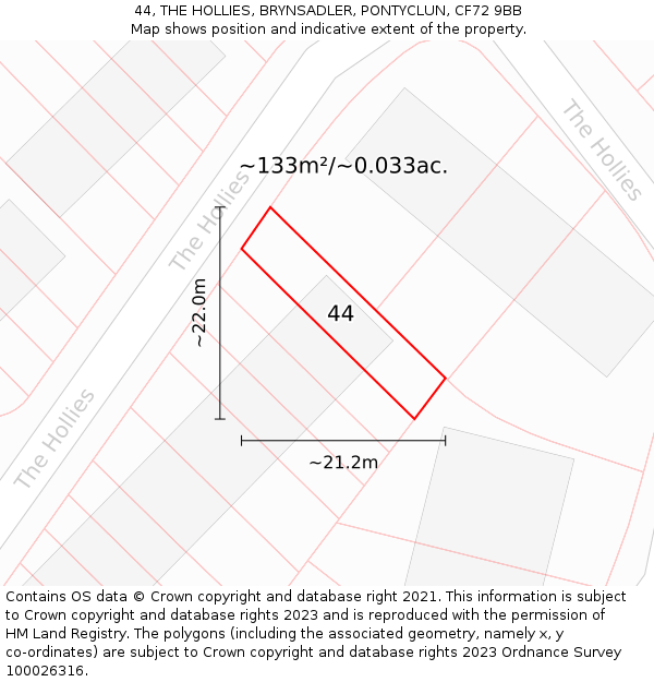 44, THE HOLLIES, BRYNSADLER, PONTYCLUN, CF72 9BB: Plot and title map