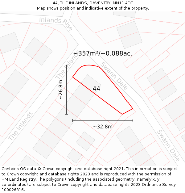 44, THE INLANDS, DAVENTRY, NN11 4DE: Plot and title map