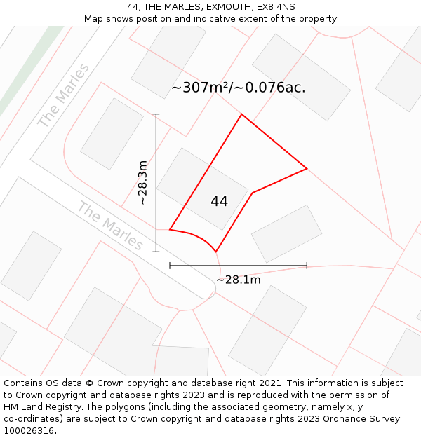 44, THE MARLES, EXMOUTH, EX8 4NS: Plot and title map
