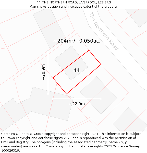 44, THE NORTHERN ROAD, LIVERPOOL, L23 2RG: Plot and title map