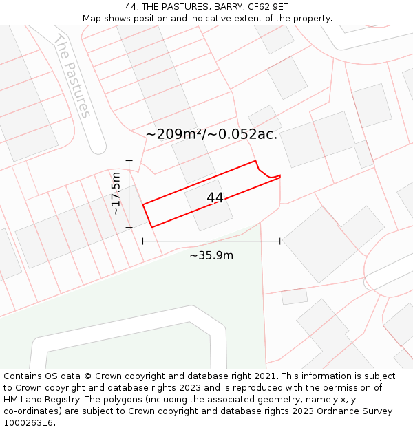 44, THE PASTURES, BARRY, CF62 9ET: Plot and title map
