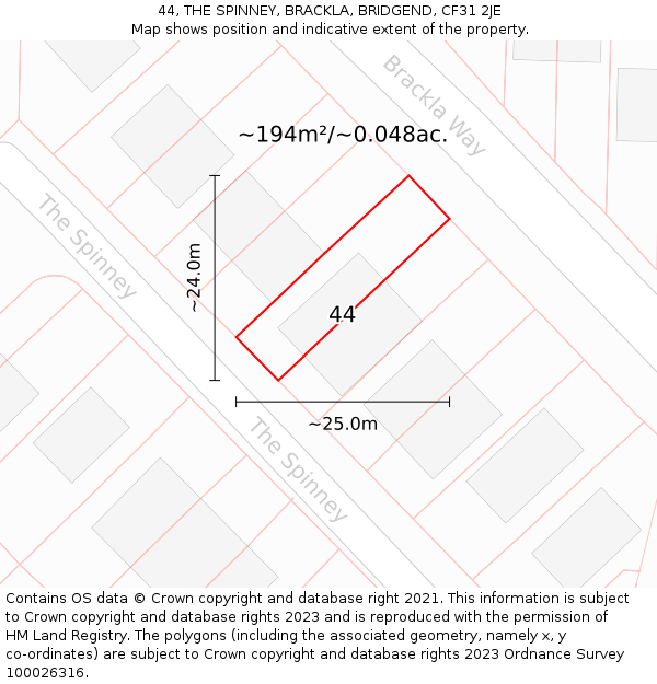 44, THE SPINNEY, BRACKLA, BRIDGEND, CF31 2JE: Plot and title map