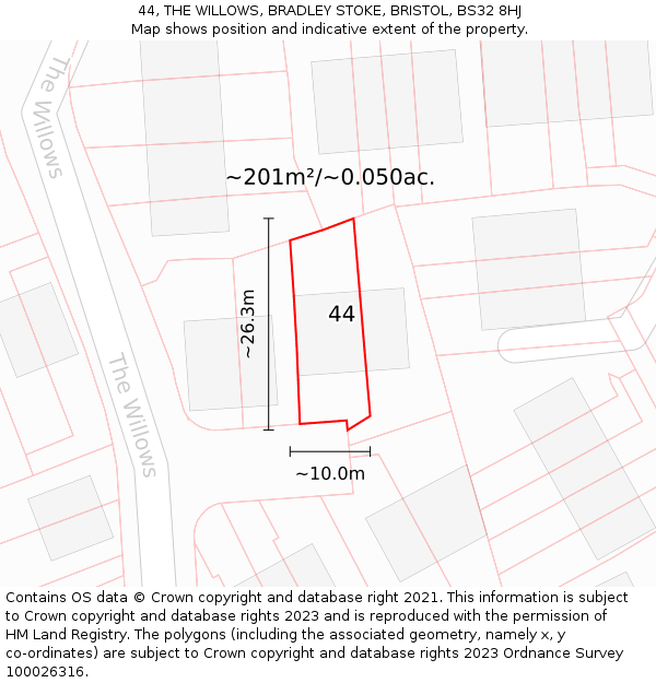 44, THE WILLOWS, BRADLEY STOKE, BRISTOL, BS32 8HJ: Plot and title map