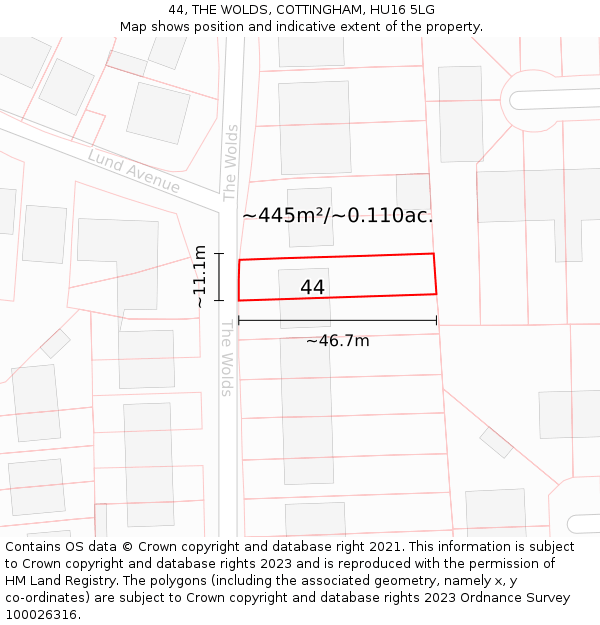 44, THE WOLDS, COTTINGHAM, HU16 5LG: Plot and title map