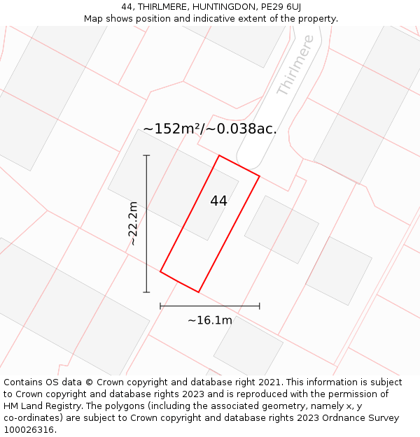 44, THIRLMERE, HUNTINGDON, PE29 6UJ: Plot and title map