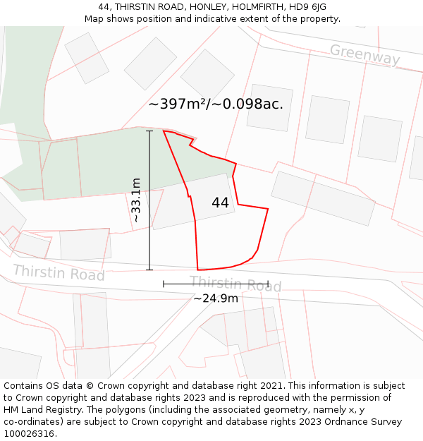 44, THIRSTIN ROAD, HONLEY, HOLMFIRTH, HD9 6JG: Plot and title map
