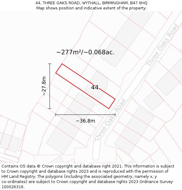 44, THREE OAKS ROAD, WYTHALL, BIRMINGHAM, B47 6HQ: Plot and title map