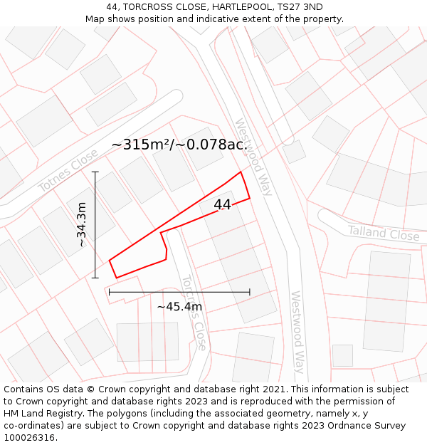 44, TORCROSS CLOSE, HARTLEPOOL, TS27 3ND: Plot and title map