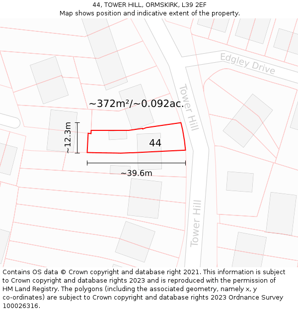 44, TOWER HILL, ORMSKIRK, L39 2EF: Plot and title map