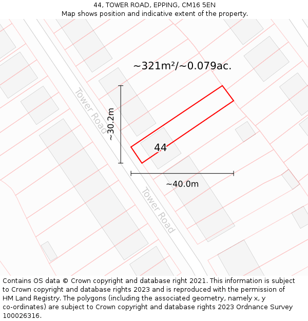 44, TOWER ROAD, EPPING, CM16 5EN: Plot and title map