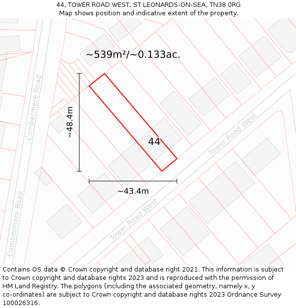 44, TOWER ROAD WEST, ST LEONARDS-ON-SEA, TN38 0RG: Plot and title map