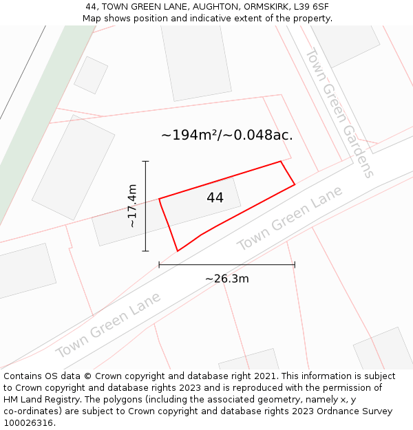 44, TOWN GREEN LANE, AUGHTON, ORMSKIRK, L39 6SF: Plot and title map