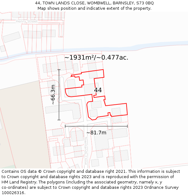 44, TOWN LANDS CLOSE, WOMBWELL, BARNSLEY, S73 0BQ: Plot and title map