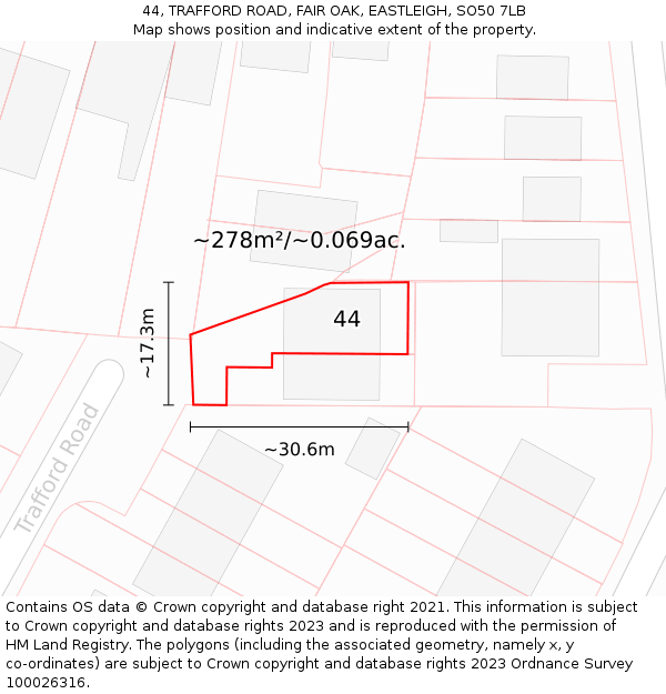 44, TRAFFORD ROAD, FAIR OAK, EASTLEIGH, SO50 7LB: Plot and title map