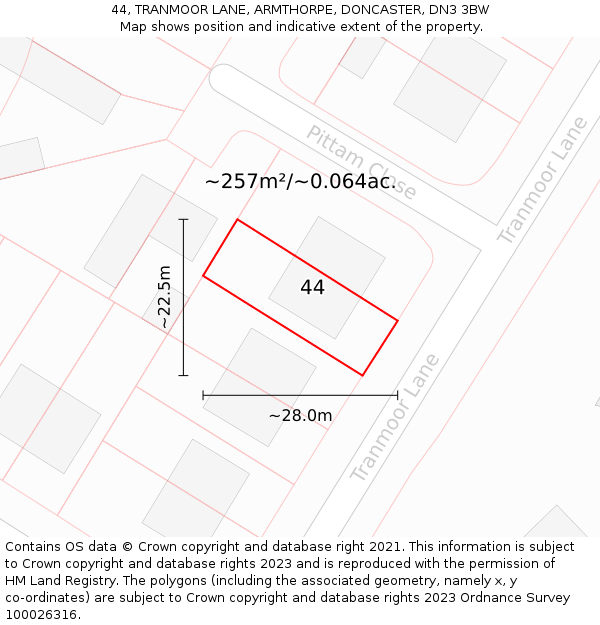 44, TRANMOOR LANE, ARMTHORPE, DONCASTER, DN3 3BW: Plot and title map