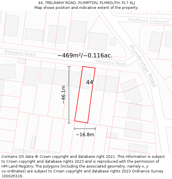 44, TRELAWNY ROAD, PLYMPTON, PLYMOUTH, PL7 4LJ: Plot and title map