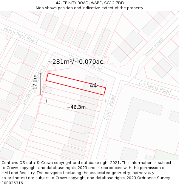 44, TRINITY ROAD, WARE, SG12 7DB: Plot and title map