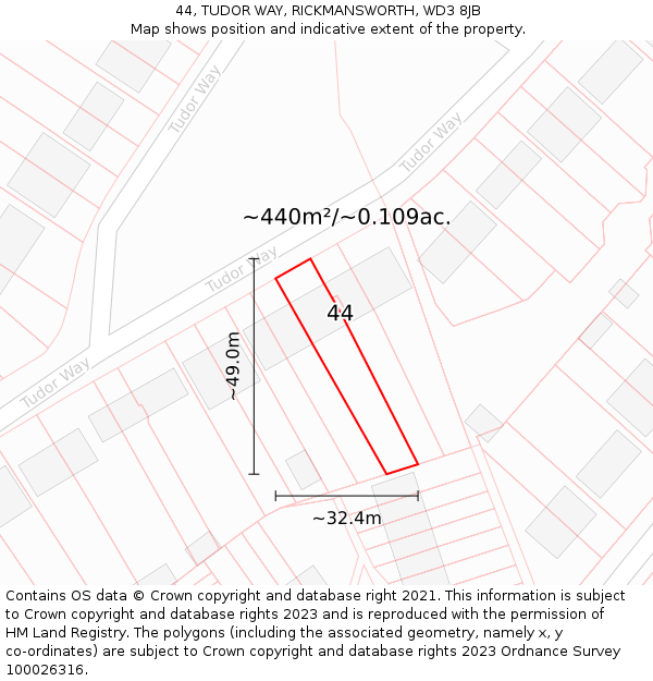 44, TUDOR WAY, RICKMANSWORTH, WD3 8JB: Plot and title map