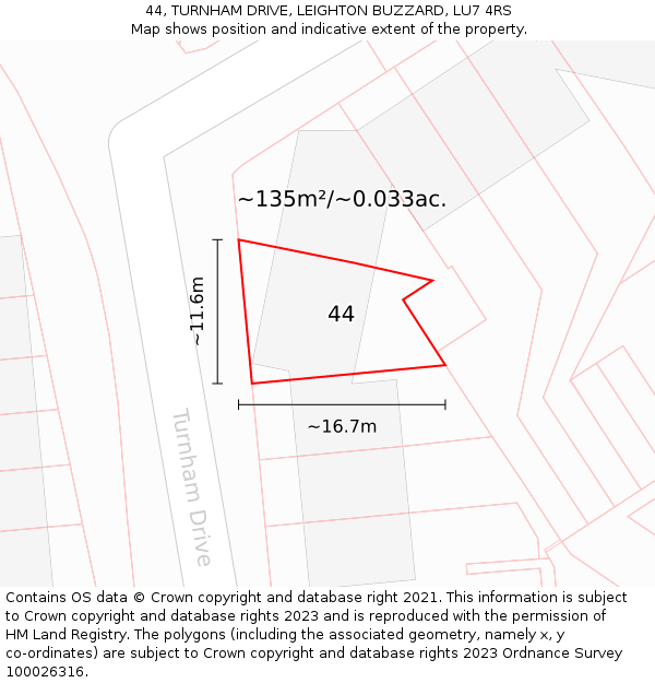 44, TURNHAM DRIVE, LEIGHTON BUZZARD, LU7 4RS: Plot and title map